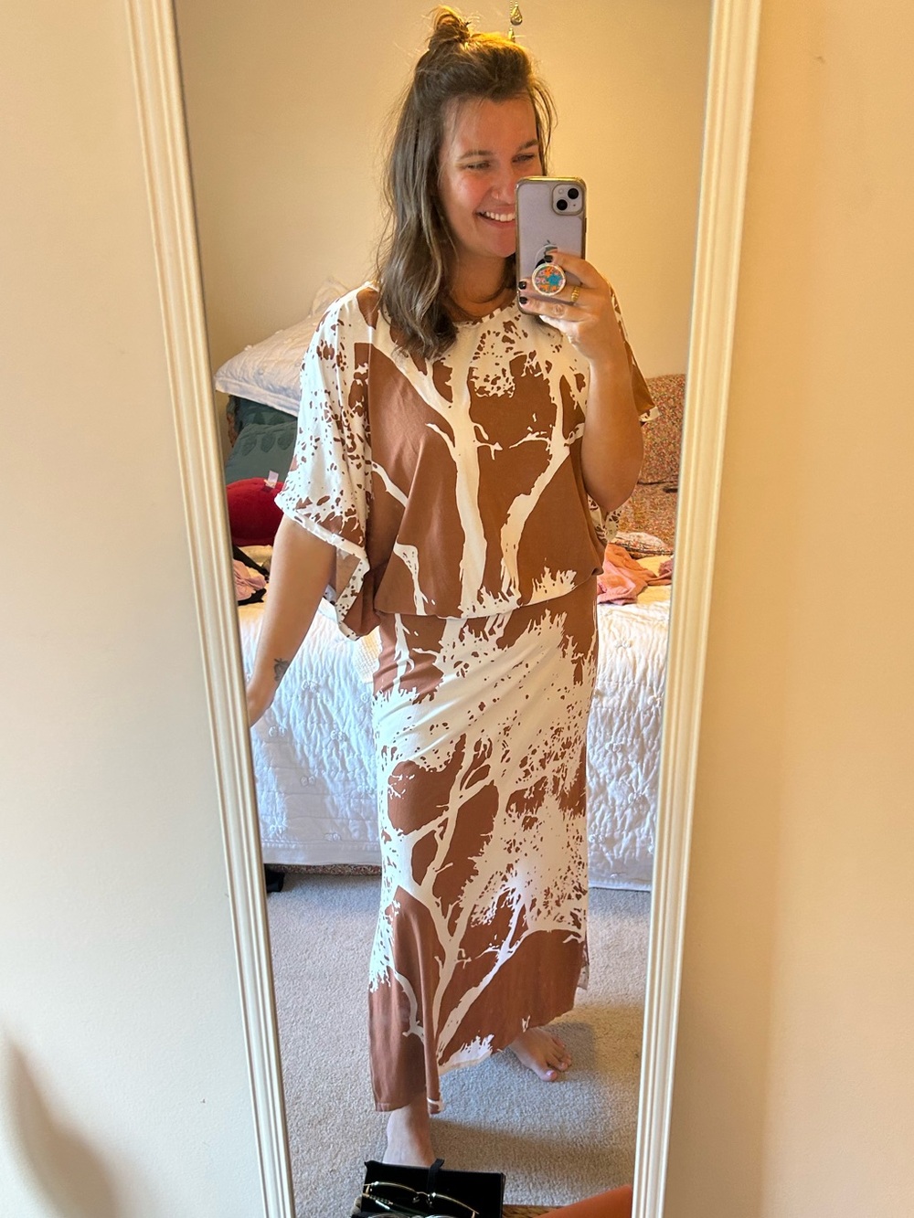 Bel Kazan (L) Brown & White Tree Motif Printed Relaxed Dress